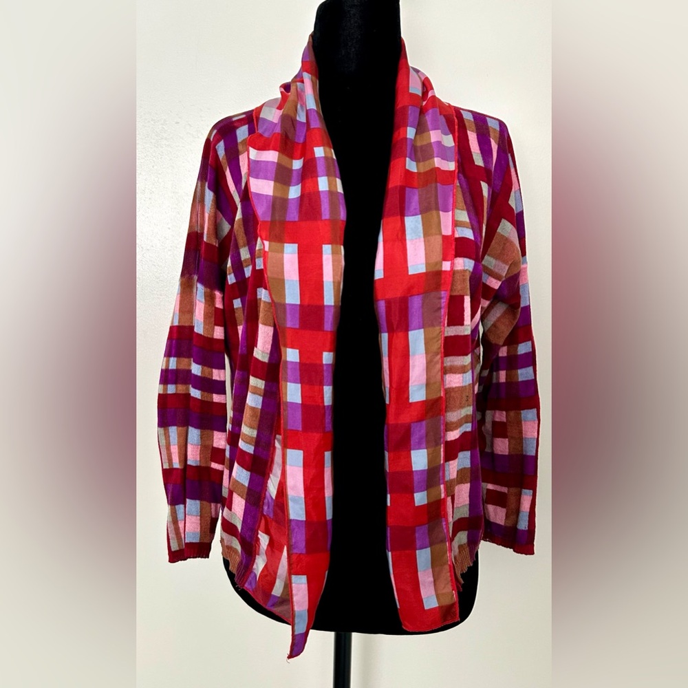 MISSONI Multicolor Red-Purple Plaid Merino & Silk Open Front - US 4 / IT 40